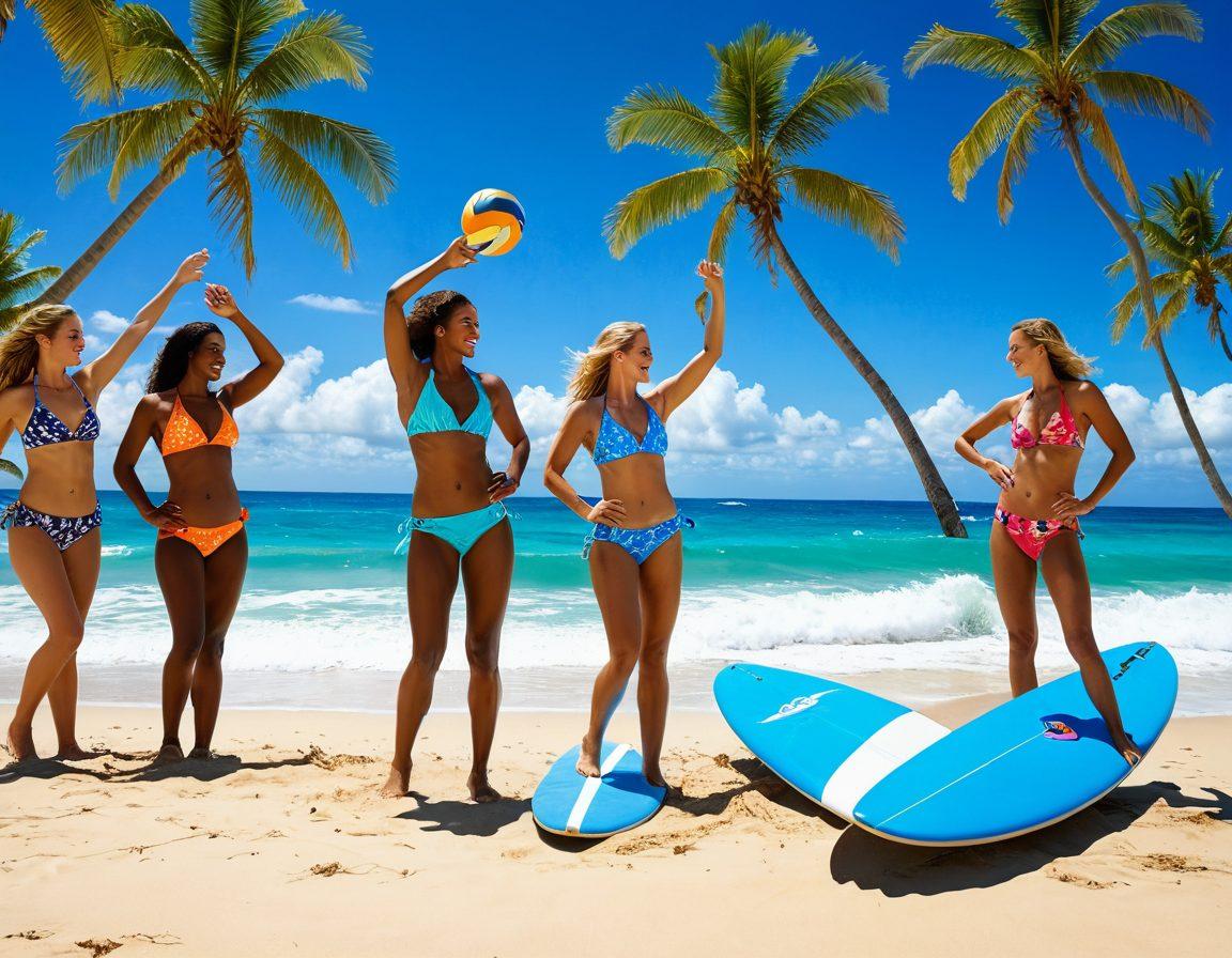 A dynamic beach scene showcasing active service members confidently wearing the latest bikini trends, engaged in playful beach activities like volleyball and surfing. The background features a vibrant ocean and palm trees under a bright blue sky, emphasizing a sense of adventure and fitness. Infuse the image with energy and camaraderie, highlighting both fashion and physicality. super-realistic. vibrant colors. bright background.